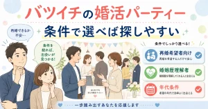 バツイチ向け婚活パーティーを再婚希望者・婚姻歴理解者・年代などの条件で選ぶイメージ