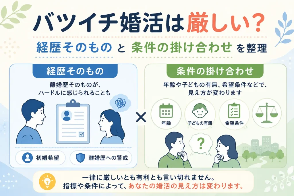 バツイチ婚活の厳しさを経歴そのものと条件の掛け合わせに分けて整理した図